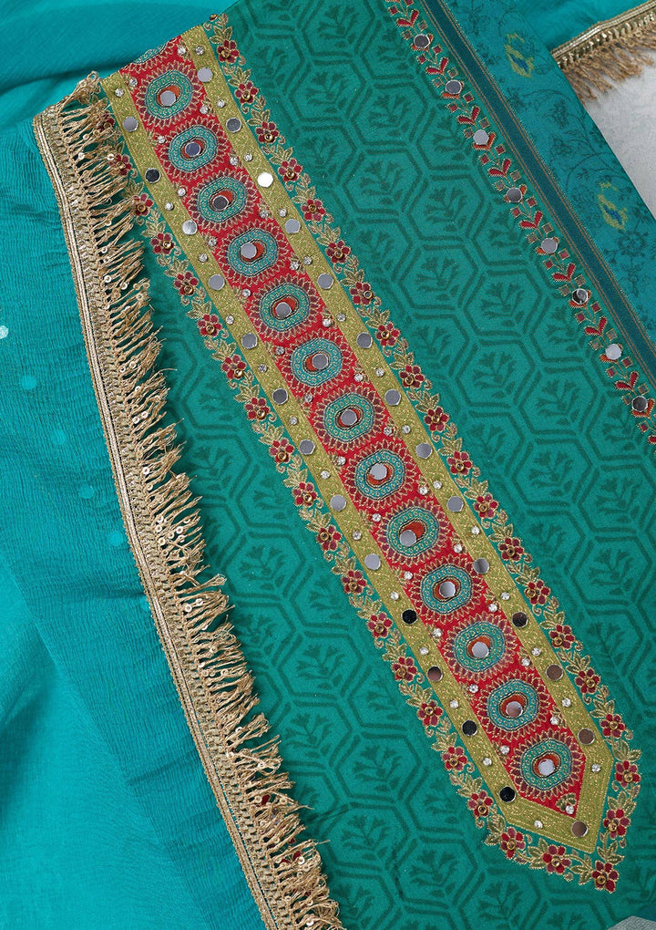 Peacock Green Zariwork Dola Silk Unstitched Salwar Suit