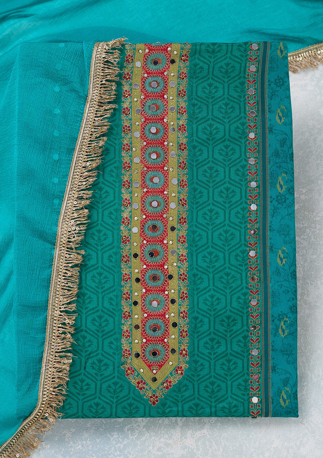 Peacock Green Zariwork Dola Silk Unstitched Salwar Suit
