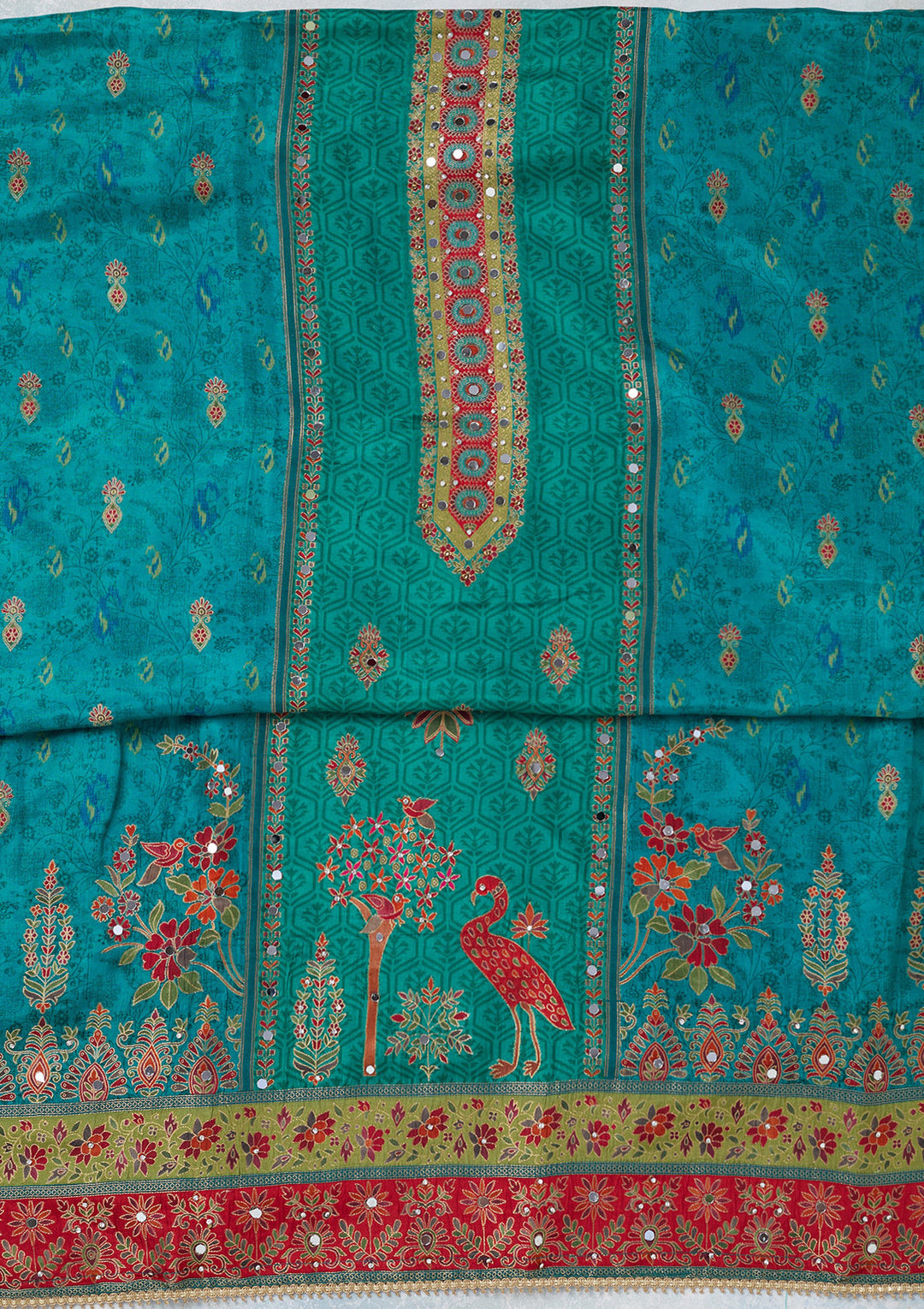 Peacock Green Zariwork Dola Silk Unstitched Salwar Suit
