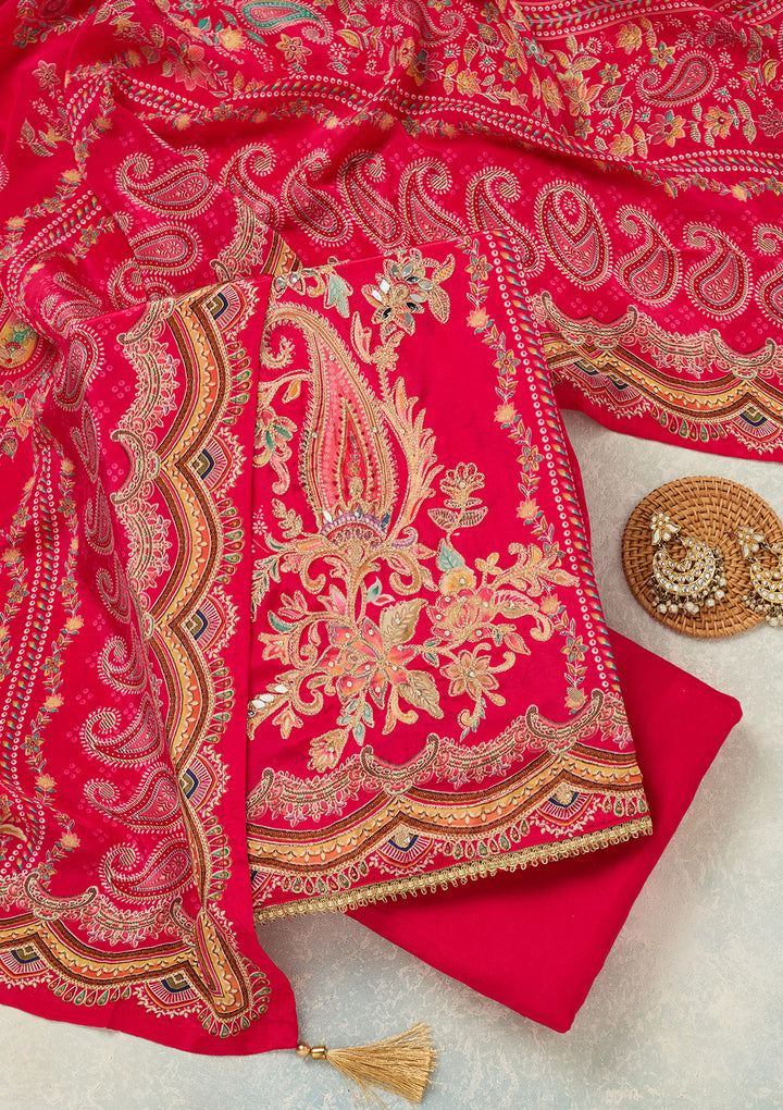 Rani Pink Zariwork (Gold) Dola Silk Unstitched Salwar Suit