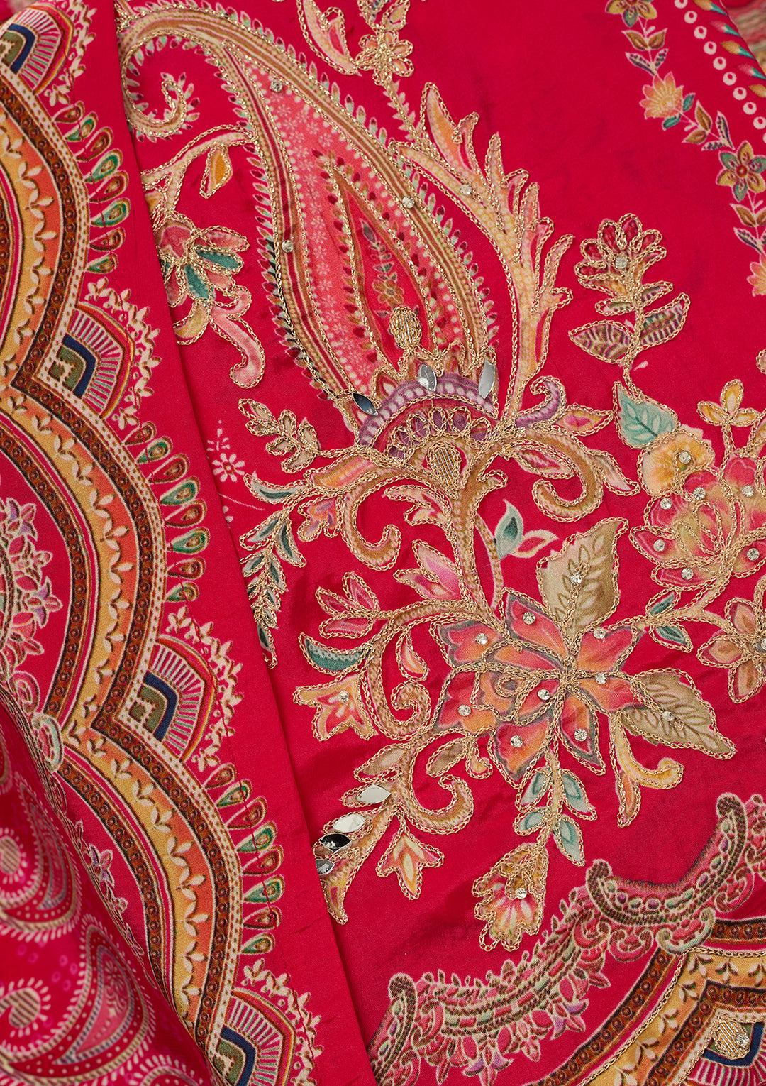 Rani Pink Zariwork (Gold) Dola Silk Unstitched Salwar Suit