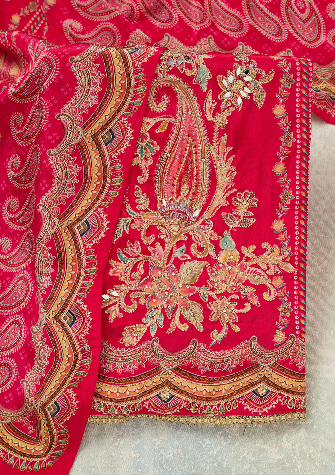 Rani Pink Zariwork (Gold) Dola Silk Unstitched Salwar Suit