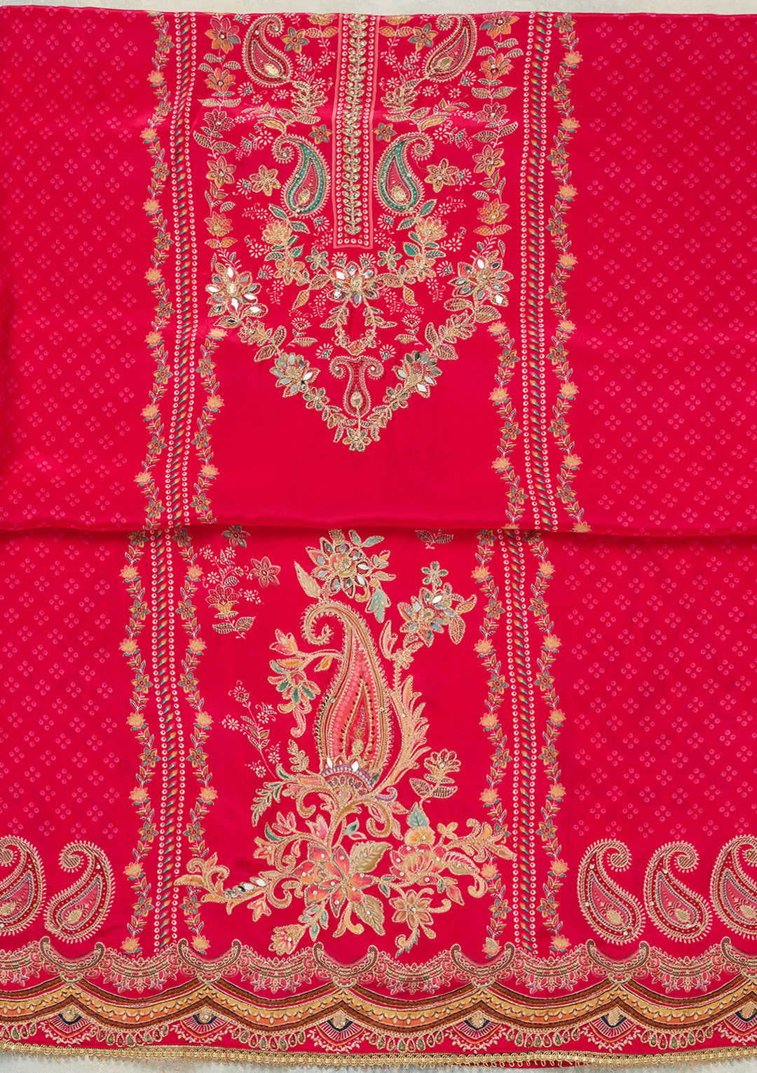 Rani Pink Zariwork (Gold) Dola Silk Unstitched Salwar Suit