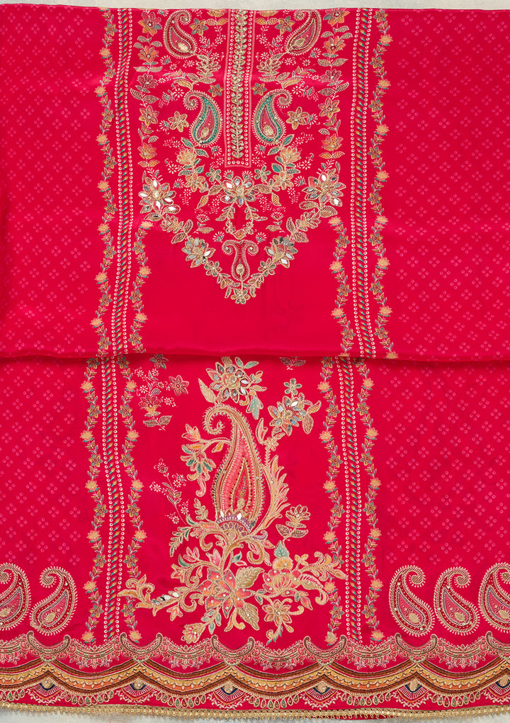 Rani Pink Zariwork (Gold) Dola Silk Unstitched Salwar Suit