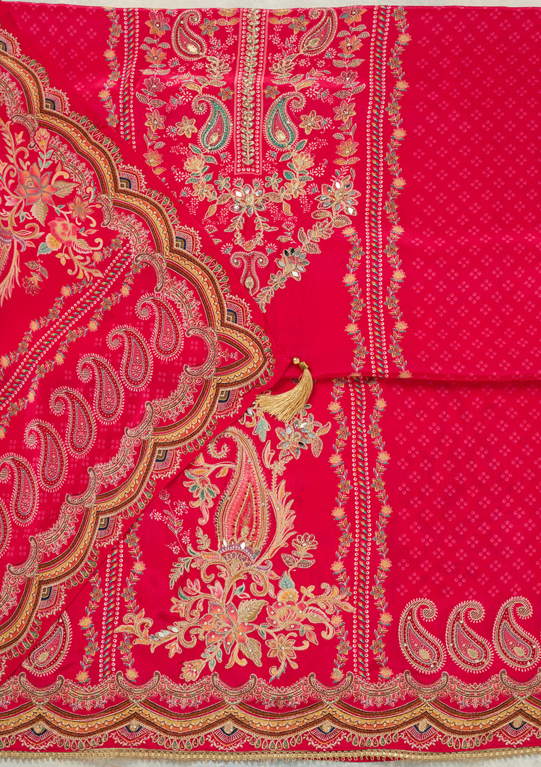 Rani Pink Zariwork (Gold) Dola Silk Unstitched Salwar Suit