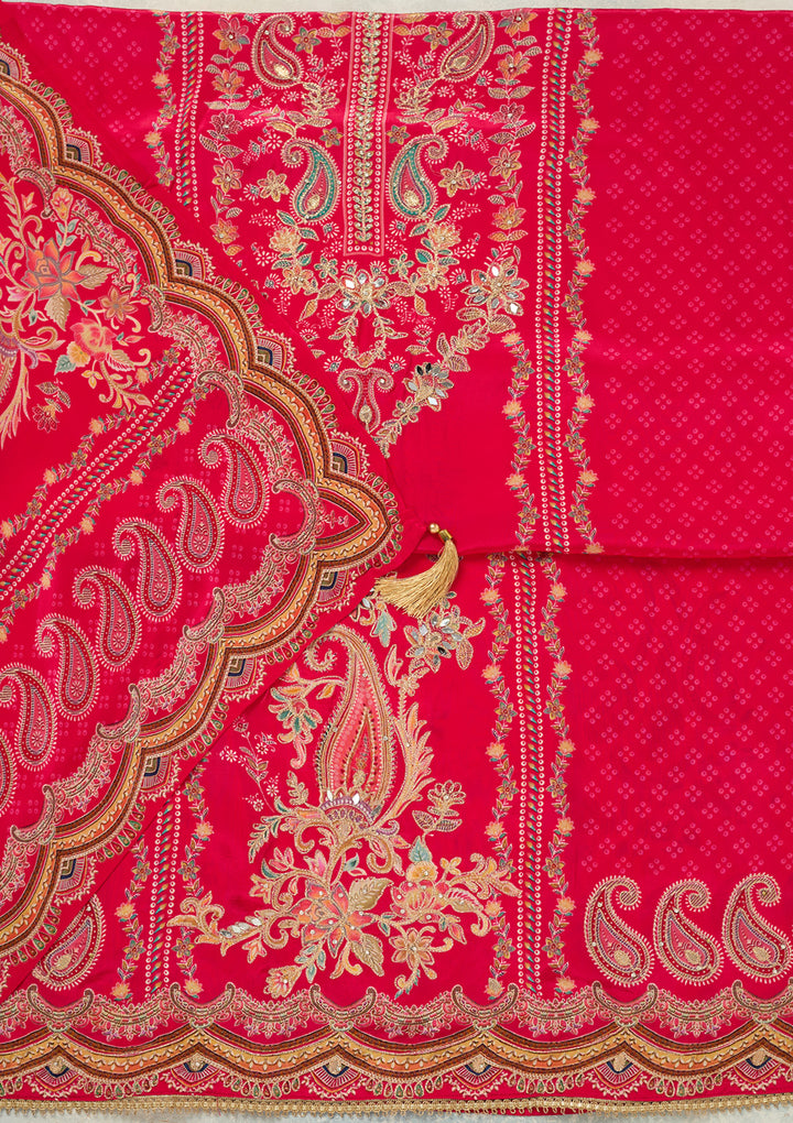 Rani Pink Zariwork (Gold) Dola Silk Unstitched Salwar Suit