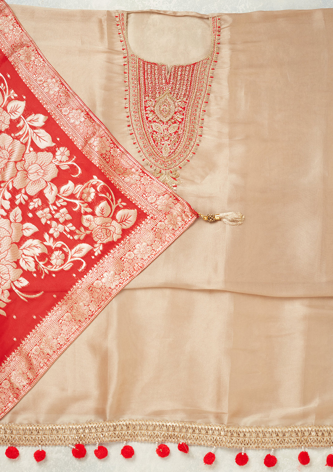 Beige Zariwork (Gold) Tissue Unstitched Salwar Suit