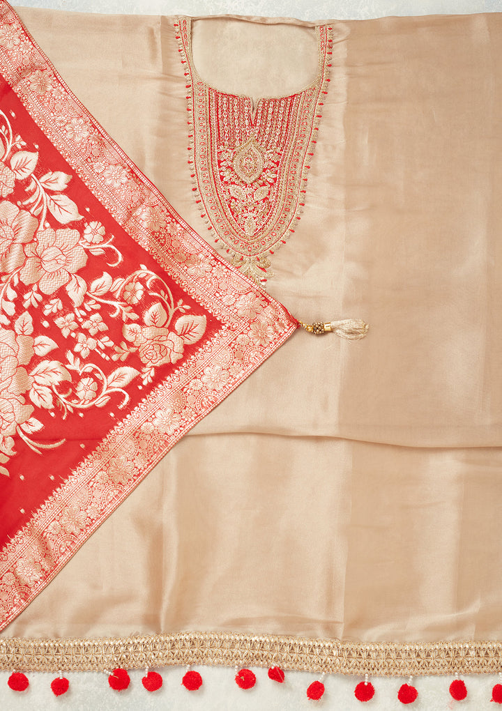 Beige Zariwork (Gold) Tissue Unstitched Salwar Suit