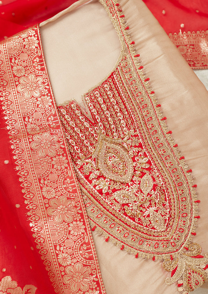 Beige Zariwork (Gold) Tissue Unstitched Salwar Suit