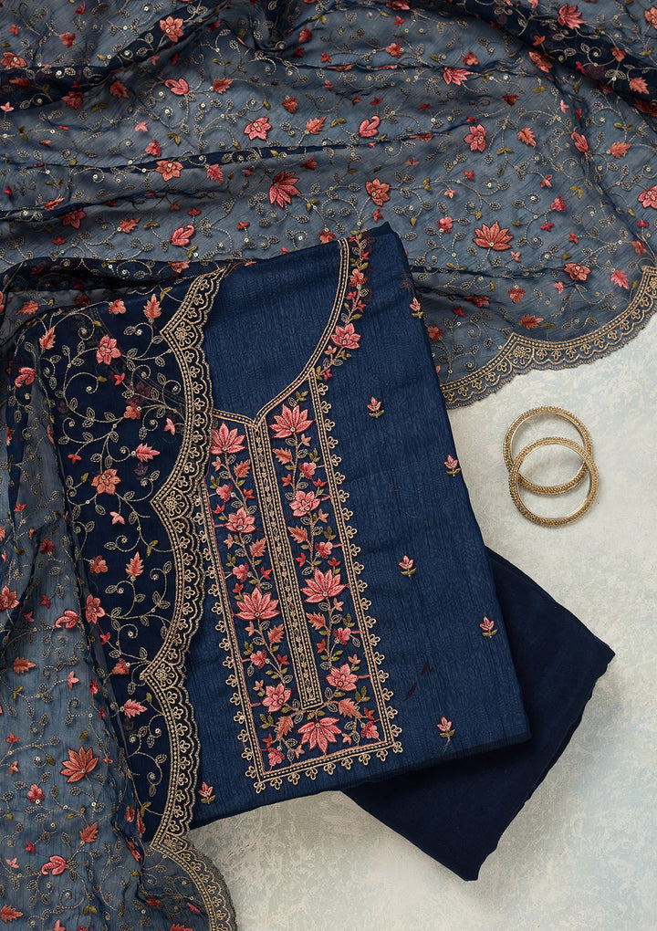 Navy Blue Threadwork Tissue Unstitched Salwar Suit