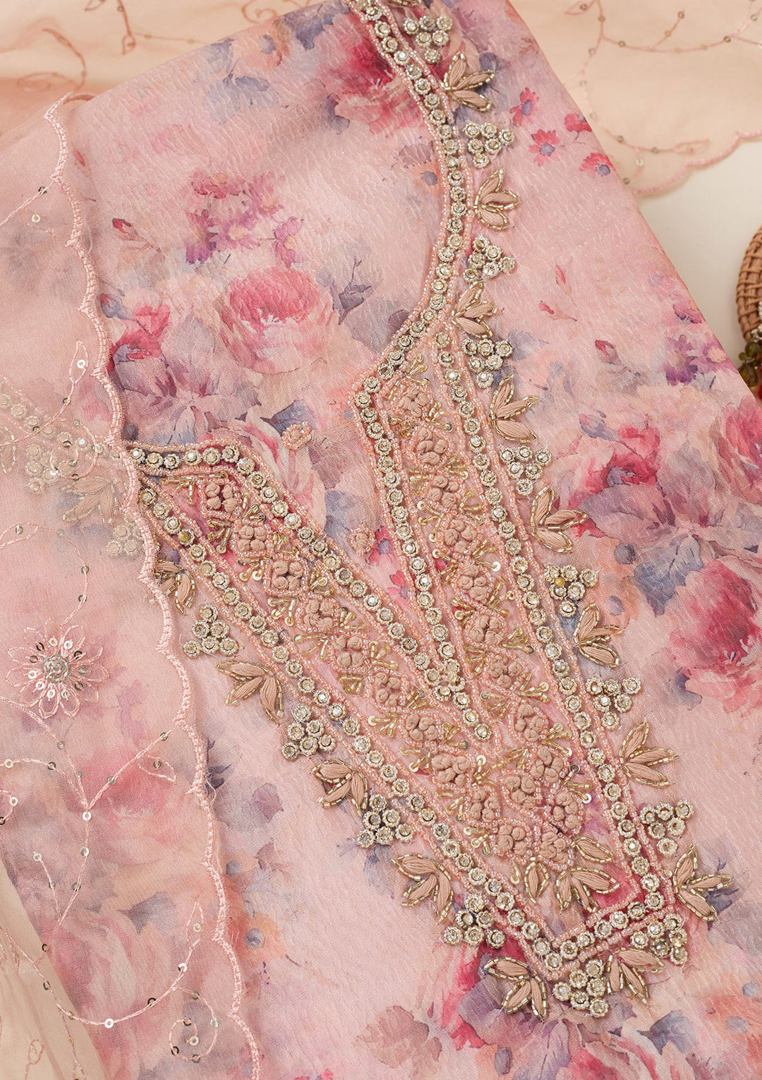 Peach Aariwork Tissue Unstitched Salwar Suit