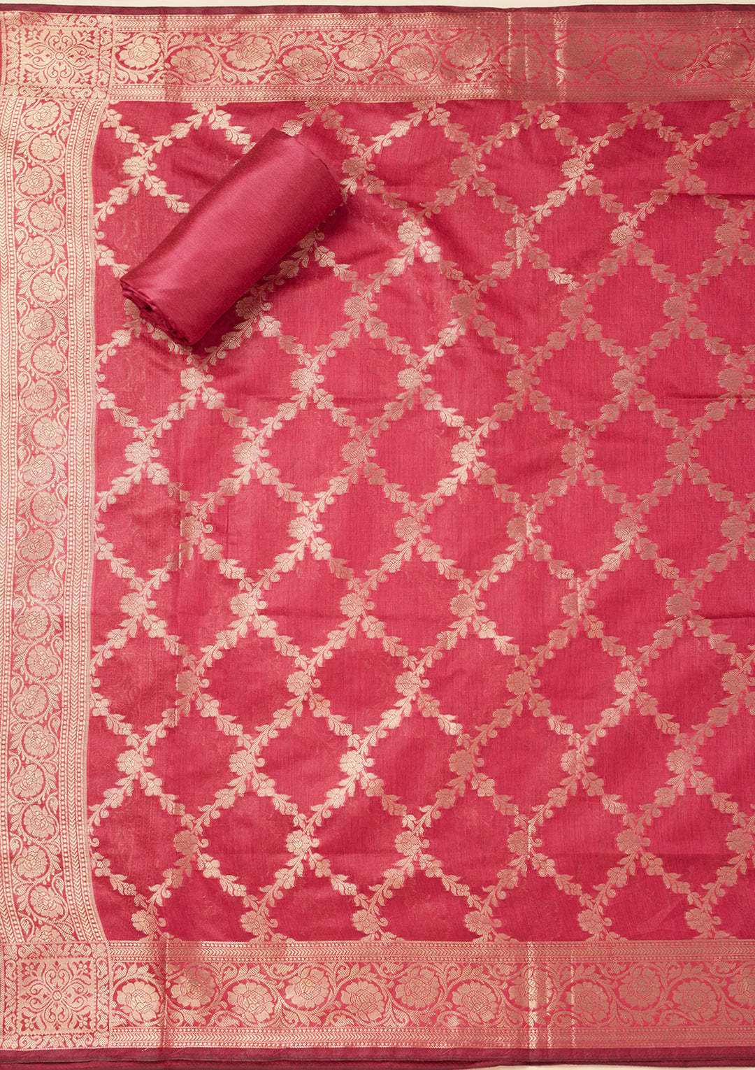 Magenta Pink Zariwork (Gold) Silk Unstitched Salwar Suit