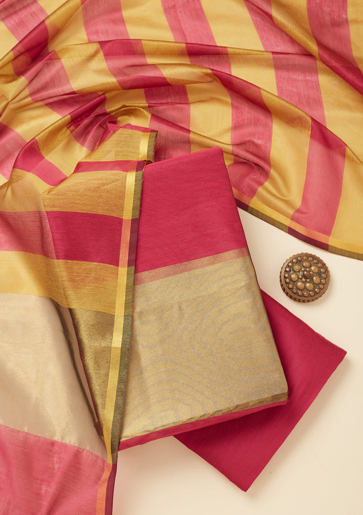 Magenta Pink Zariwork (Gold) Tissue Unstitched Salwar Suit