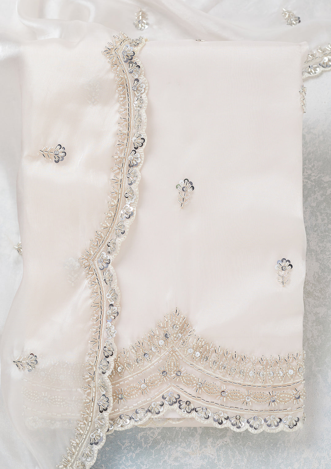 Off White Cutdana Tissue Unstitched Salwar Suit