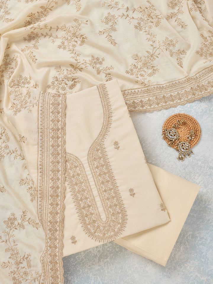 Off White Zariwork (Gold) Soft Raw Silk Unstitched Salwar Suit