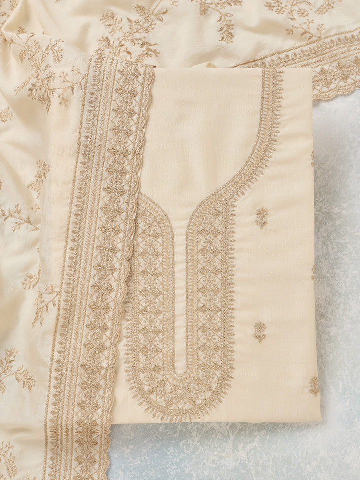 Off White Zariwork (Gold) Soft Raw Silk Unstitched Salwar Suit