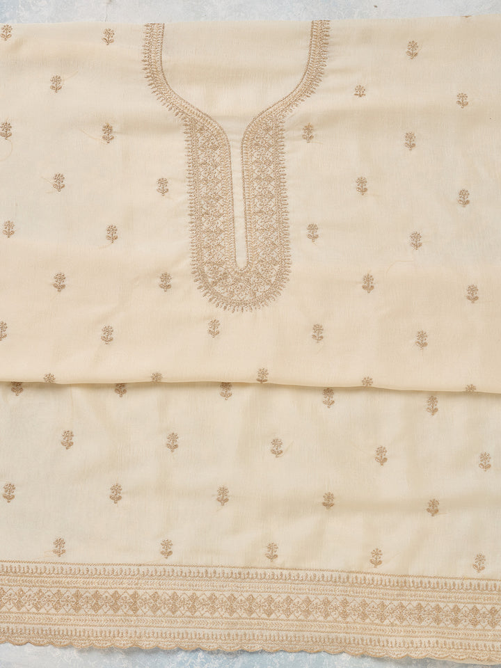 Off White Zariwork (Gold) Soft Raw Silk Unstitched Salwar Suit