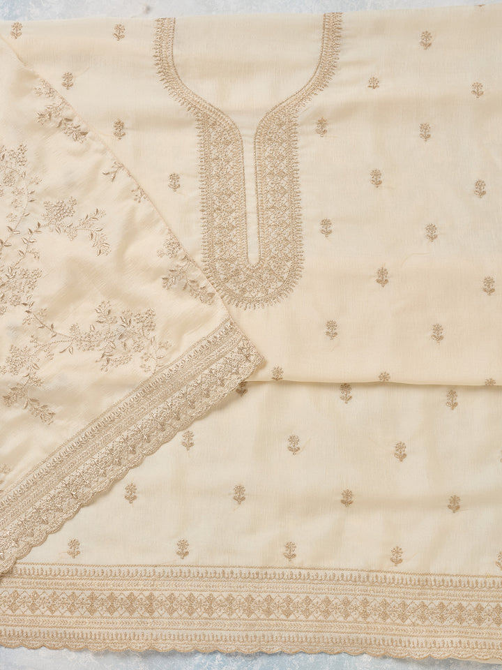 Off White Zariwork (Gold) Soft Raw Silk Unstitched Salwar Suit