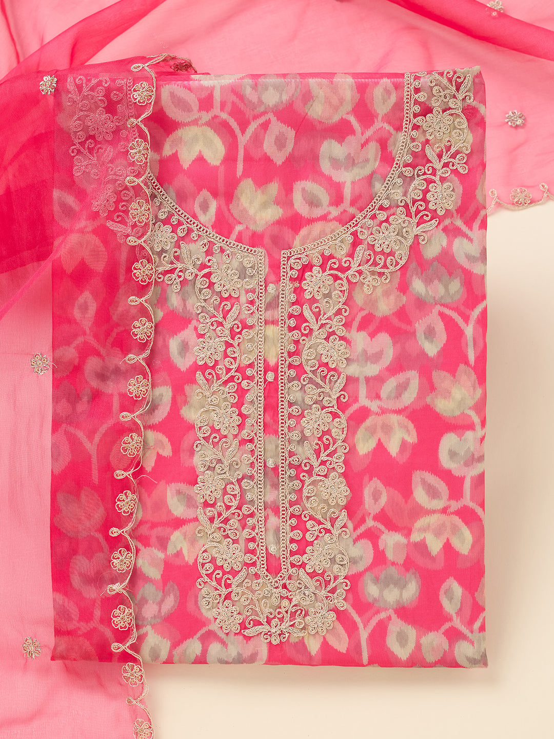 Pink Threadwork Tissue Unstitched Salwar Suit