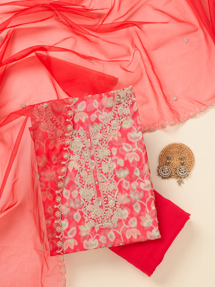 Red Threadwork Tissue Unstitched Salwar Suit