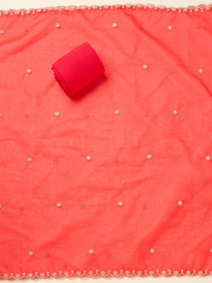 Red Threadwork Tissue Unstitched Salwar Suit