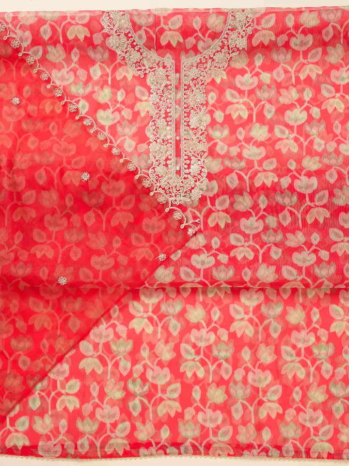 Red Threadwork Tissue Unstitched Salwar Suit