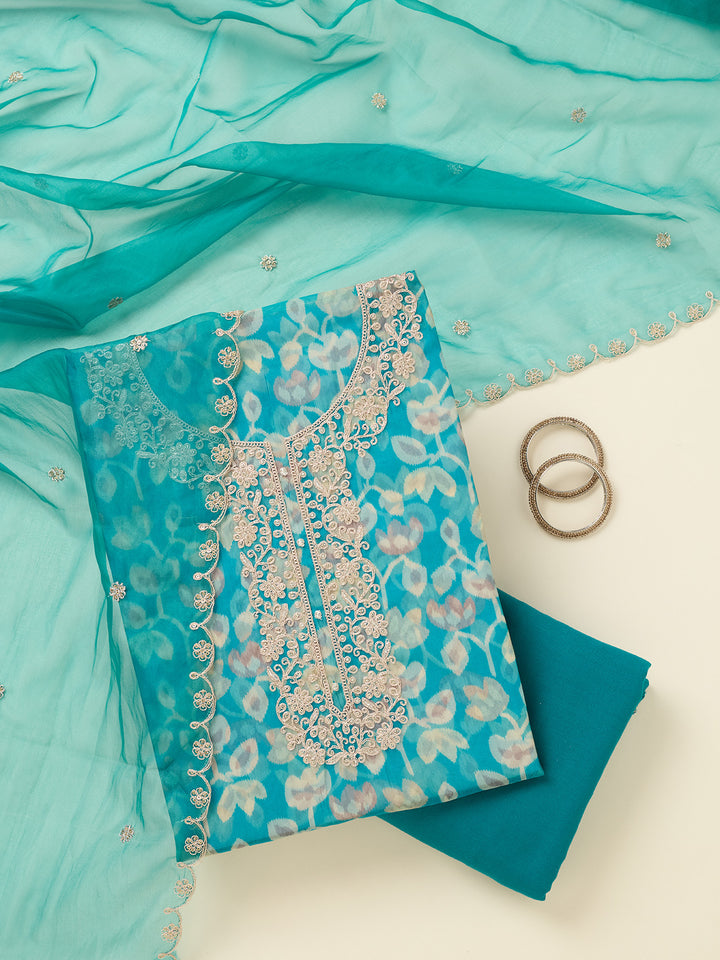 Turquoise Blue Threadwork Tissue Unstitched Salwar Suit