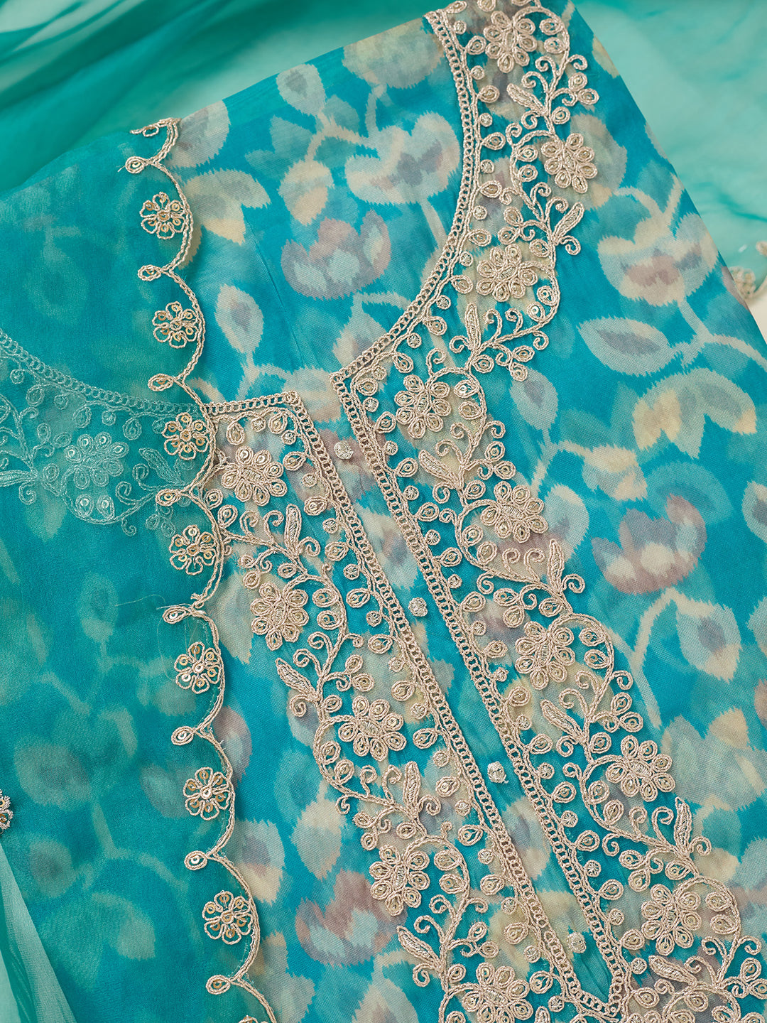 Turquoise Blue Threadwork Tissue Unstitched Salwar Suit
