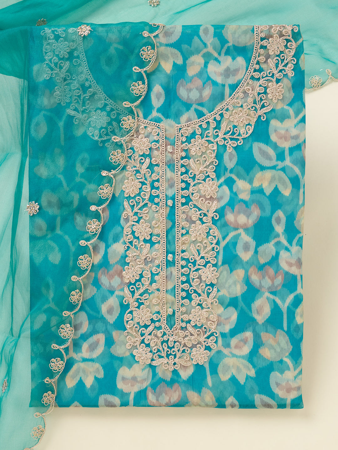 Turquoise Blue Threadwork Tissue Unstitched Salwar Suit