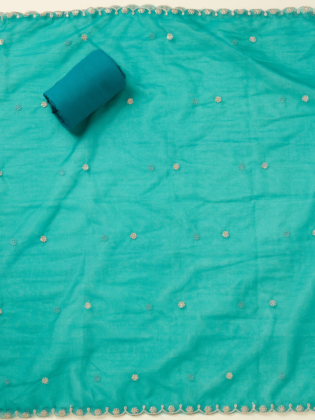 Turquoise Blue Threadwork Tissue Unstitched Salwar Suit