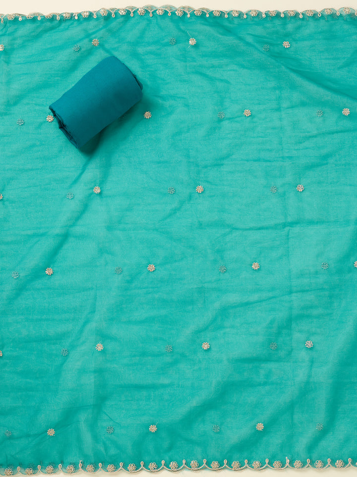 Turquoise Blue Threadwork Tissue Unstitched Salwar Suit