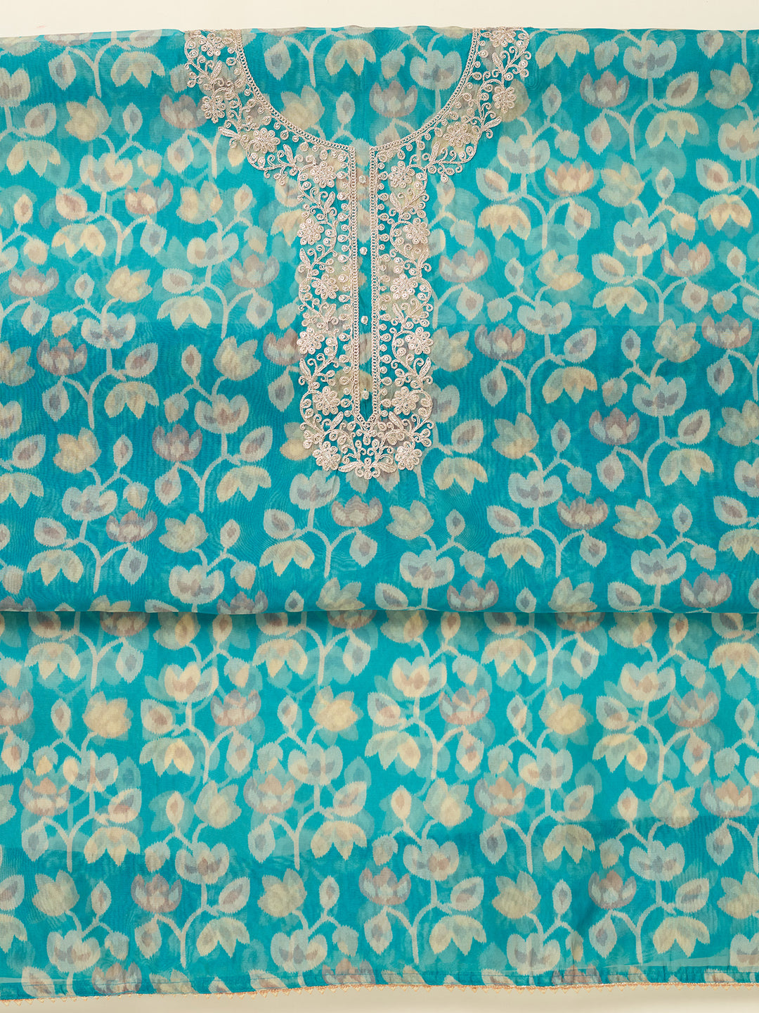 Turquoise Blue Threadwork Tissue Unstitched Salwar Suit