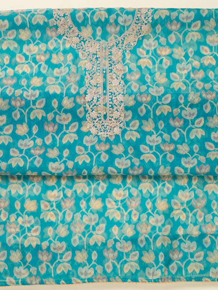 Turquoise Blue Threadwork Tissue Unstitched Salwar Suit