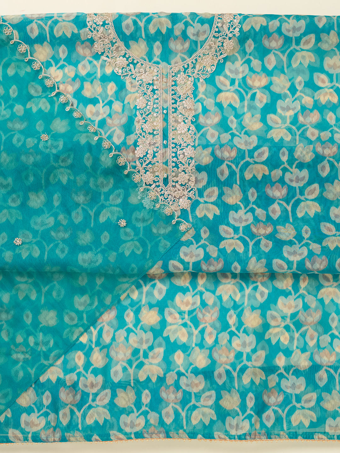 Turquoise Blue Threadwork Tissue Unstitched Salwar Suit