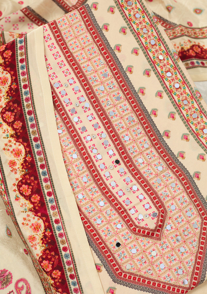 Cream Zariwork (Gold) Crepe Unstitched Salwar Suit