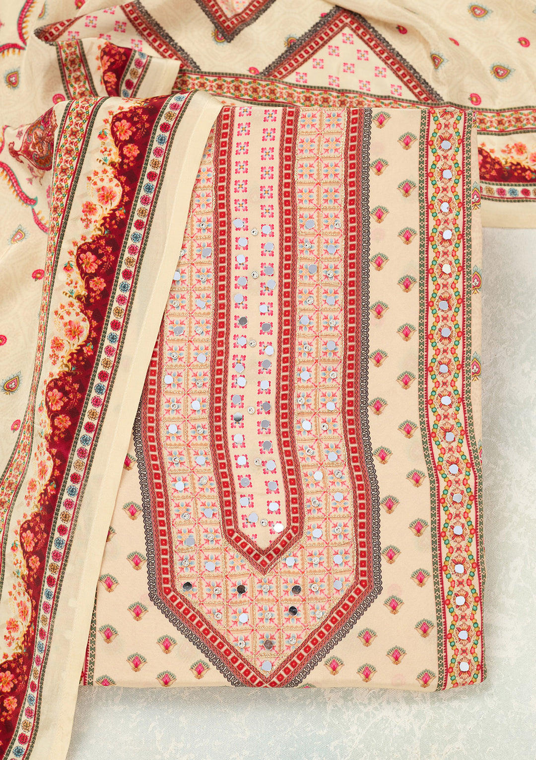 Cream Zariwork (Gold) Crepe Unstitched Salwar Suit