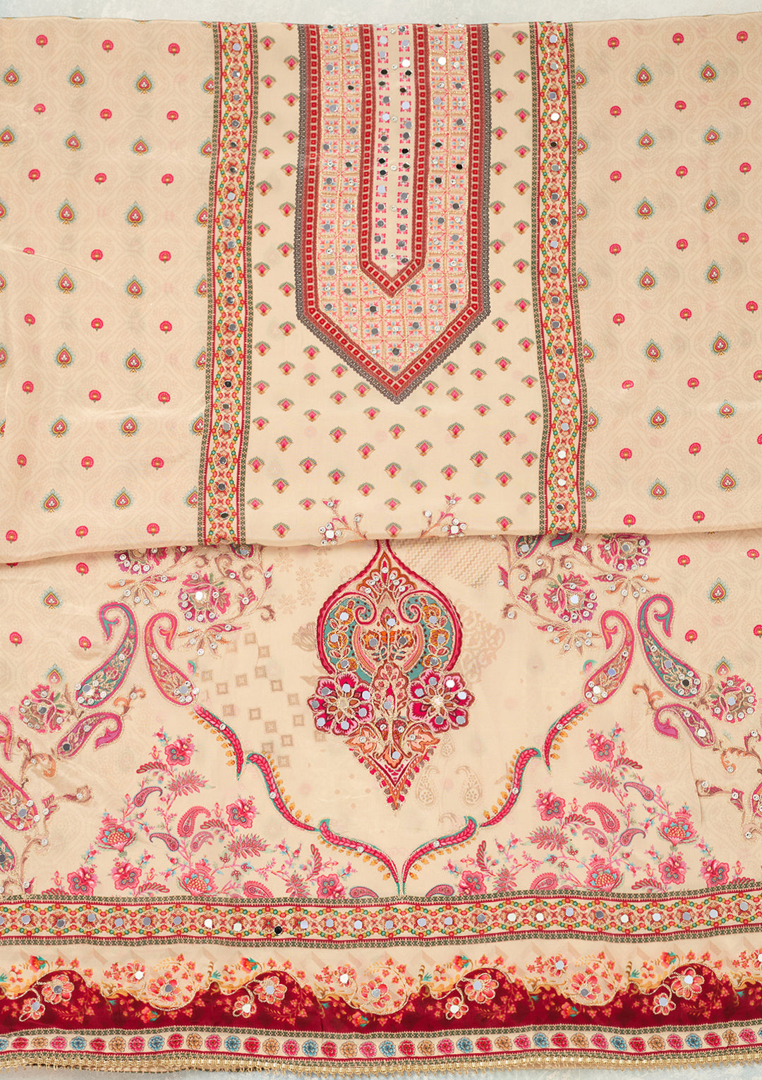 Cream Zariwork (Gold) Crepe Unstitched Salwar Suit