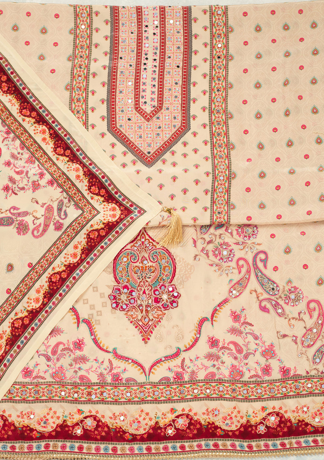 Cream Zariwork (Gold) Crepe Unstitched Salwar Suit