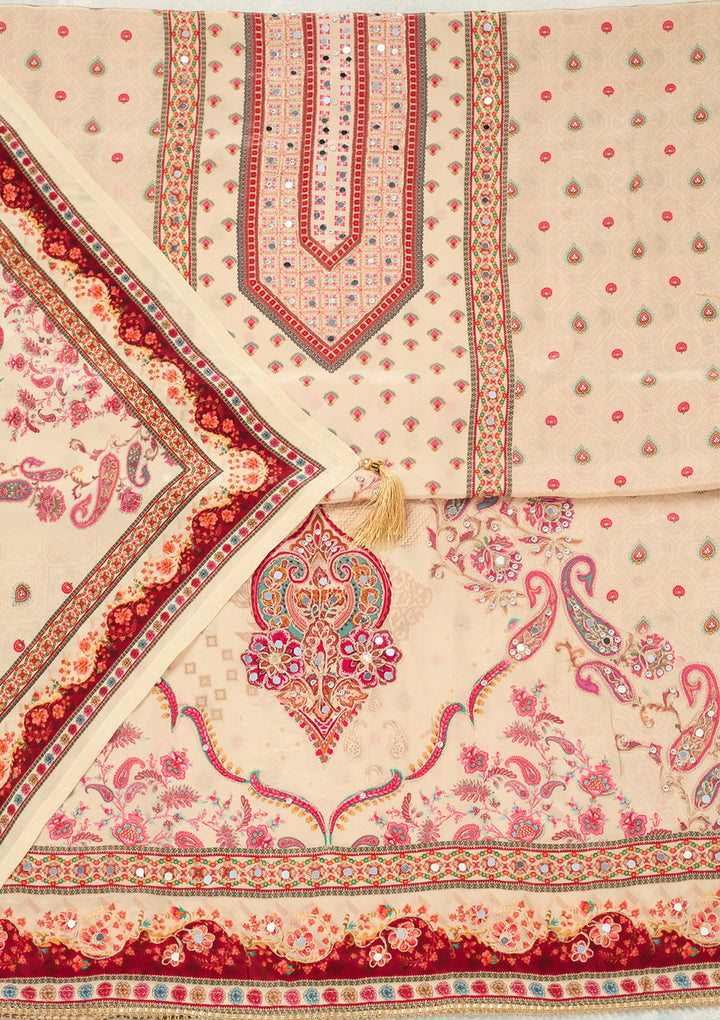 Cream Zariwork (Gold) Crepe Unstitched Salwar Suit