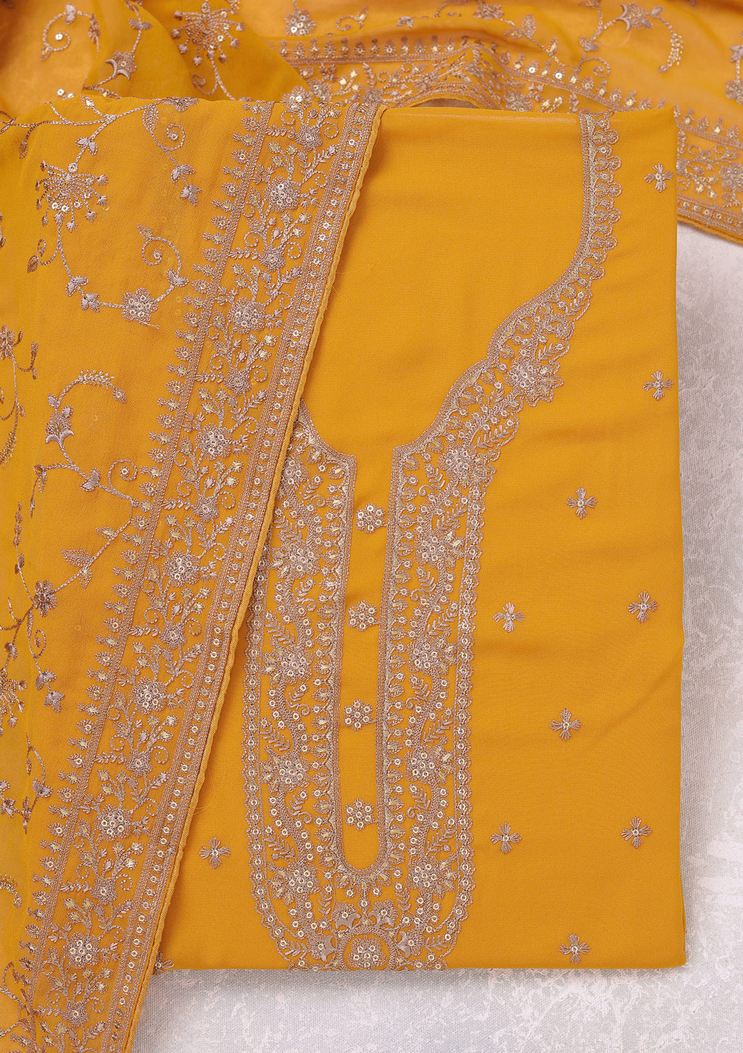Mustard Threadwork Georgette Unstitched Salwar Suit