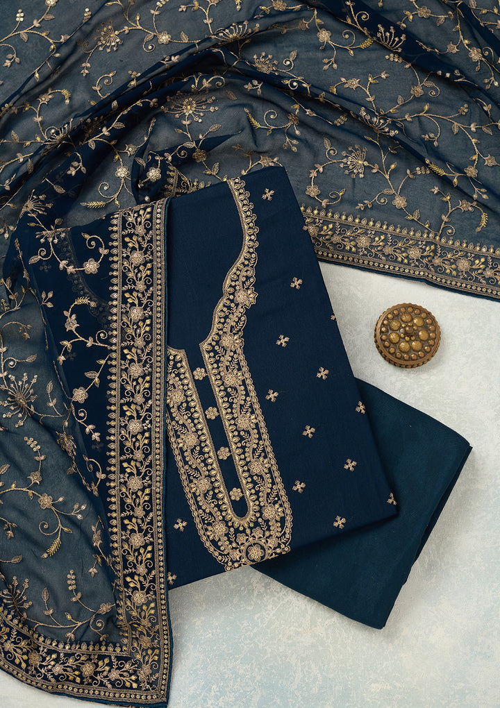 Navy Blue Threadwork Georgette Unstitched Salwar Suit