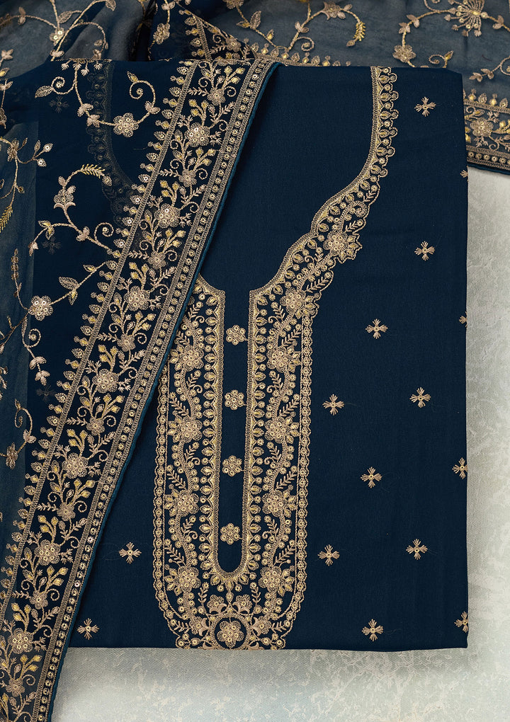Navy Blue Threadwork Georgette Unstitched Salwar Suit