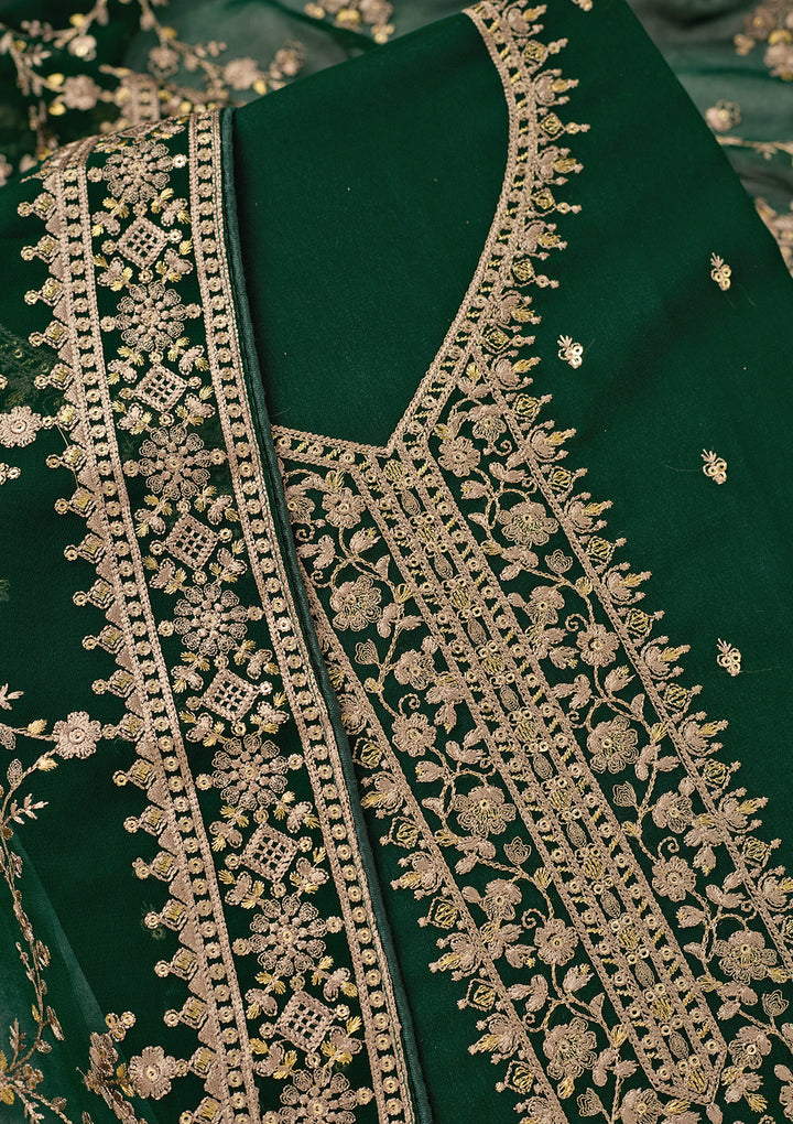 Bottle Green Threadwork Georgette Unstitched Salwar Suit