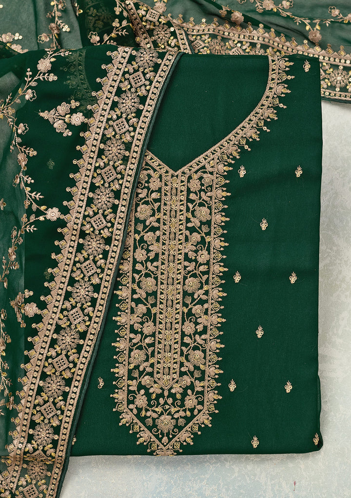 Bottle Green Threadwork Georgette Unstitched Salwar Suit