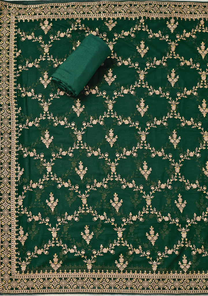 Bottle Green Threadwork Georgette Unstitched Salwar Suit
