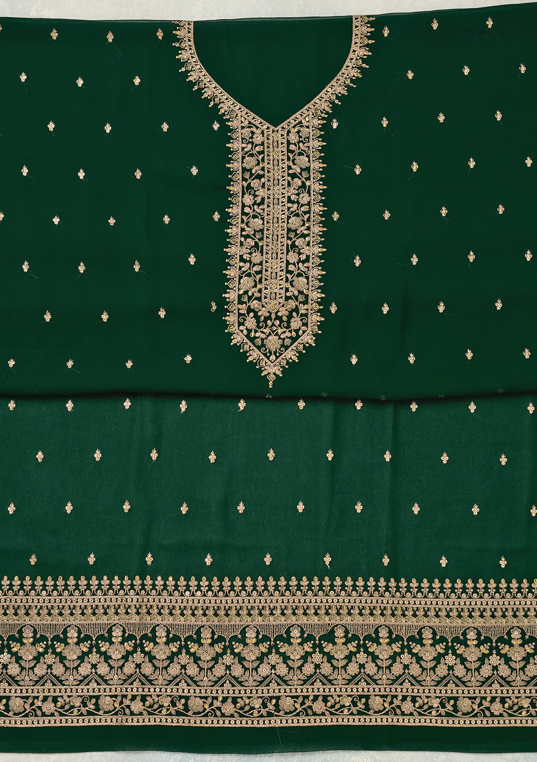 Bottle Green Threadwork Georgette Unstitched Salwar Suit