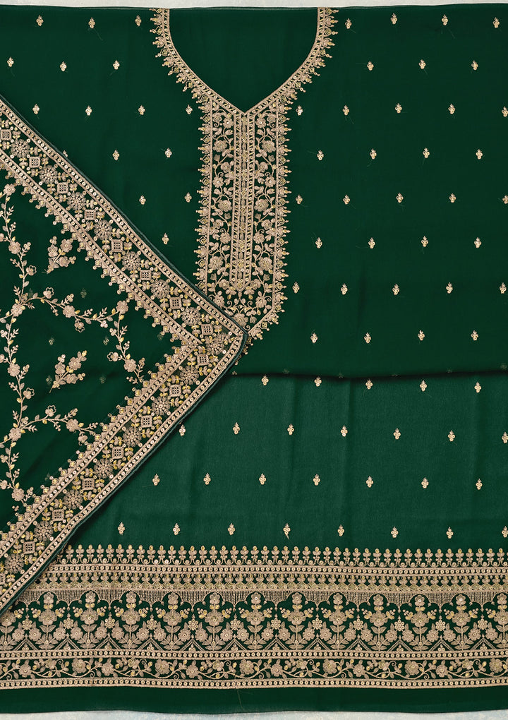 Bottle Green Threadwork Georgette Unstitched Salwar Suit