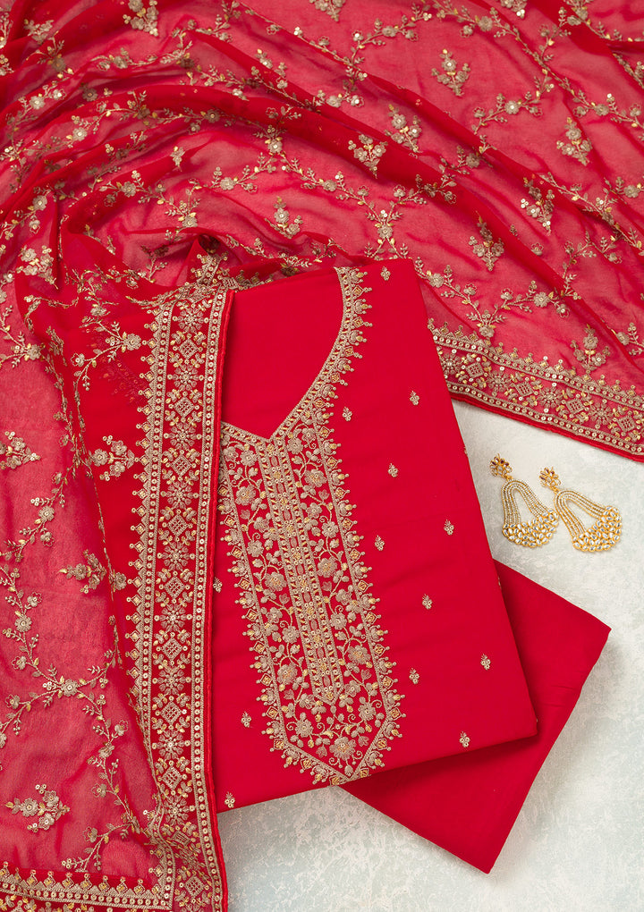 Red Threadwork Georgette Unstitched Salwar Suit