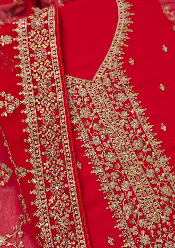Red Threadwork Georgette Unstitched Salwar Suit
