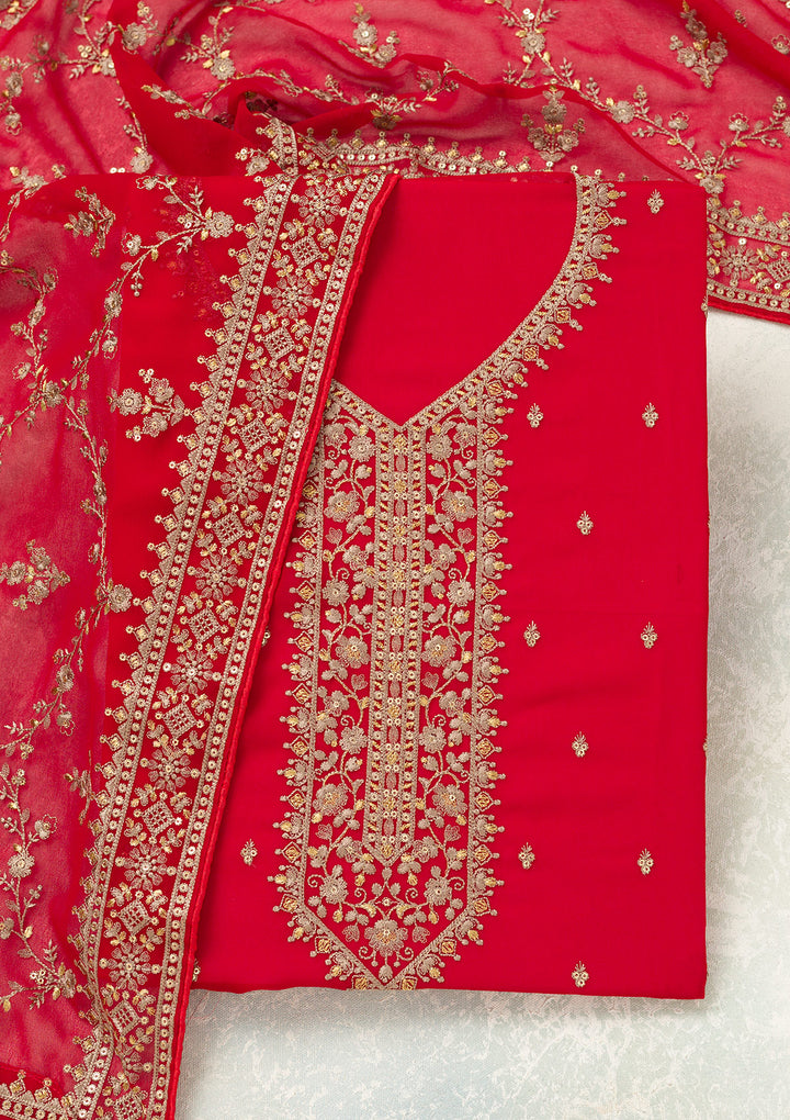 Red Threadwork Georgette Unstitched Salwar Suit